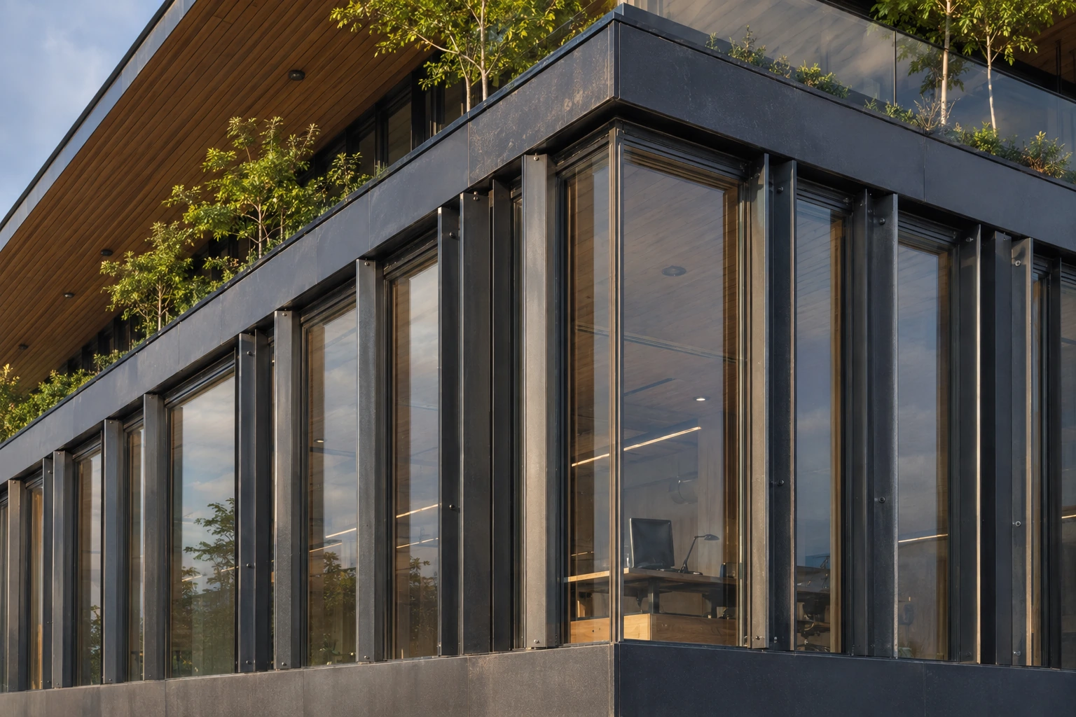 Axis Office 7F — Chi tiết lam, kính và sân cây — Home6D