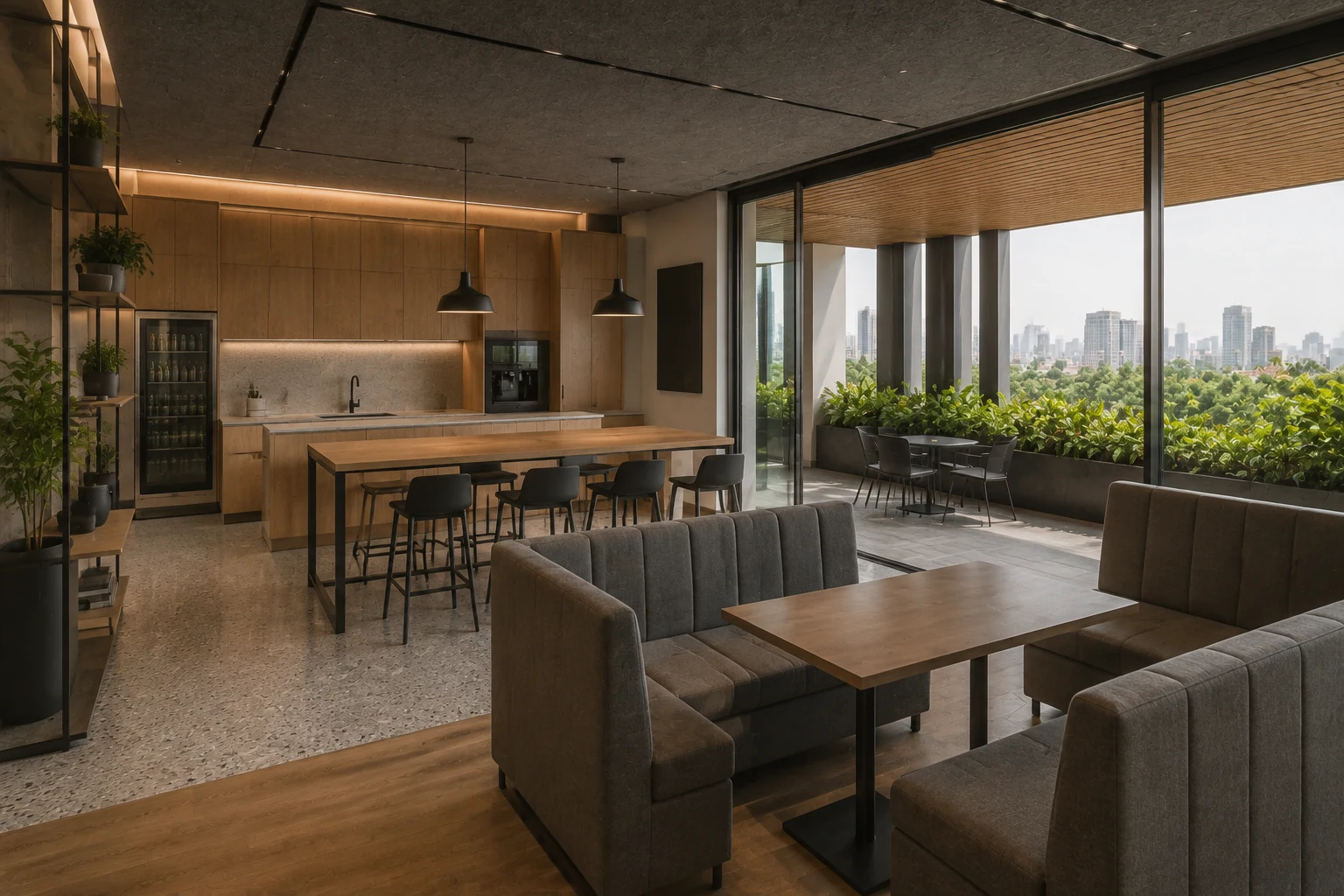 Axis Office 7F — Lounge và pantry mở ra terrace — Home6D