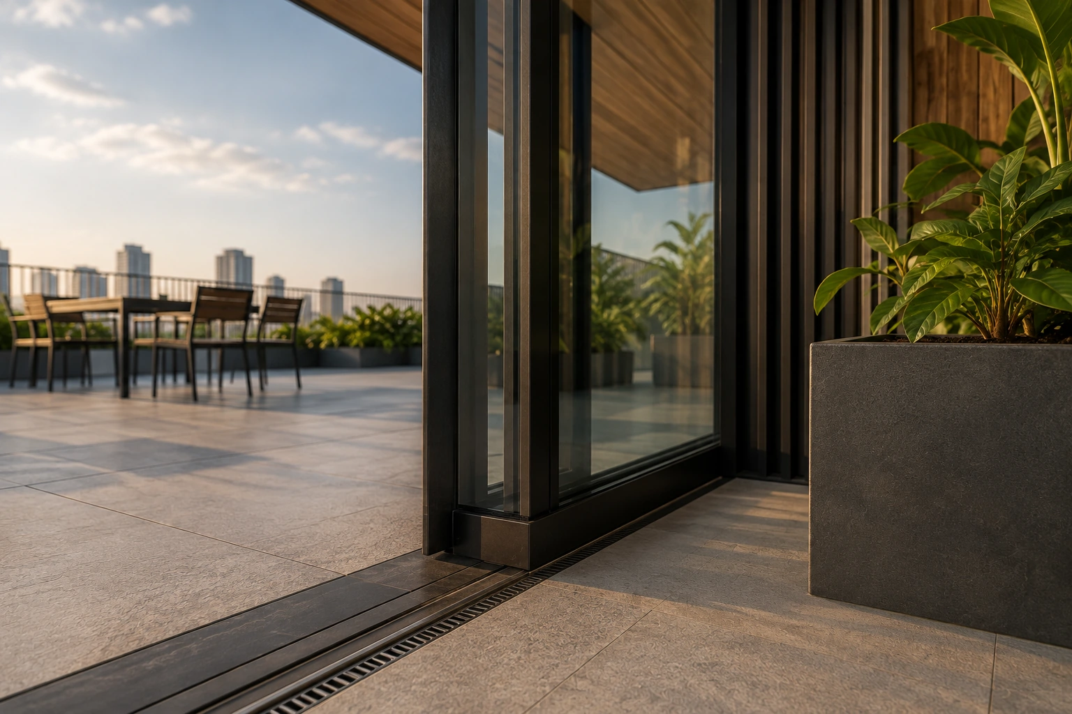 Axis Office 7F — Chi tiết ngưỡng, thoát nước và vật liệu — Home6D