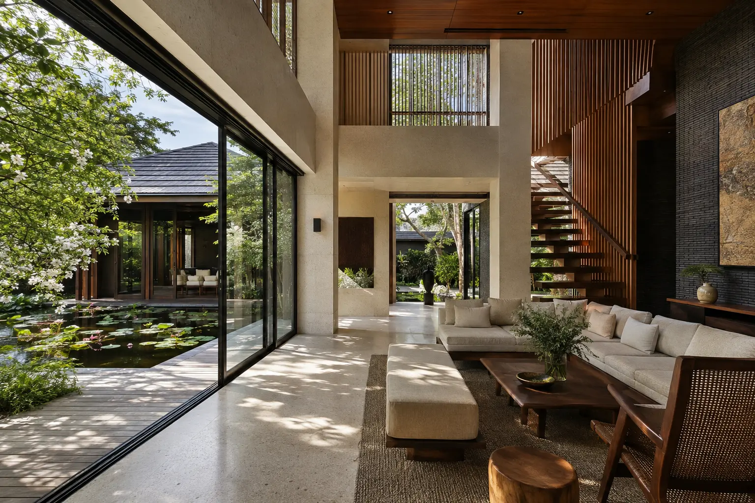 Biệt thự Mặt Nước Hoa Sen 590 — Phòng khách mở ra hiên — Home6D