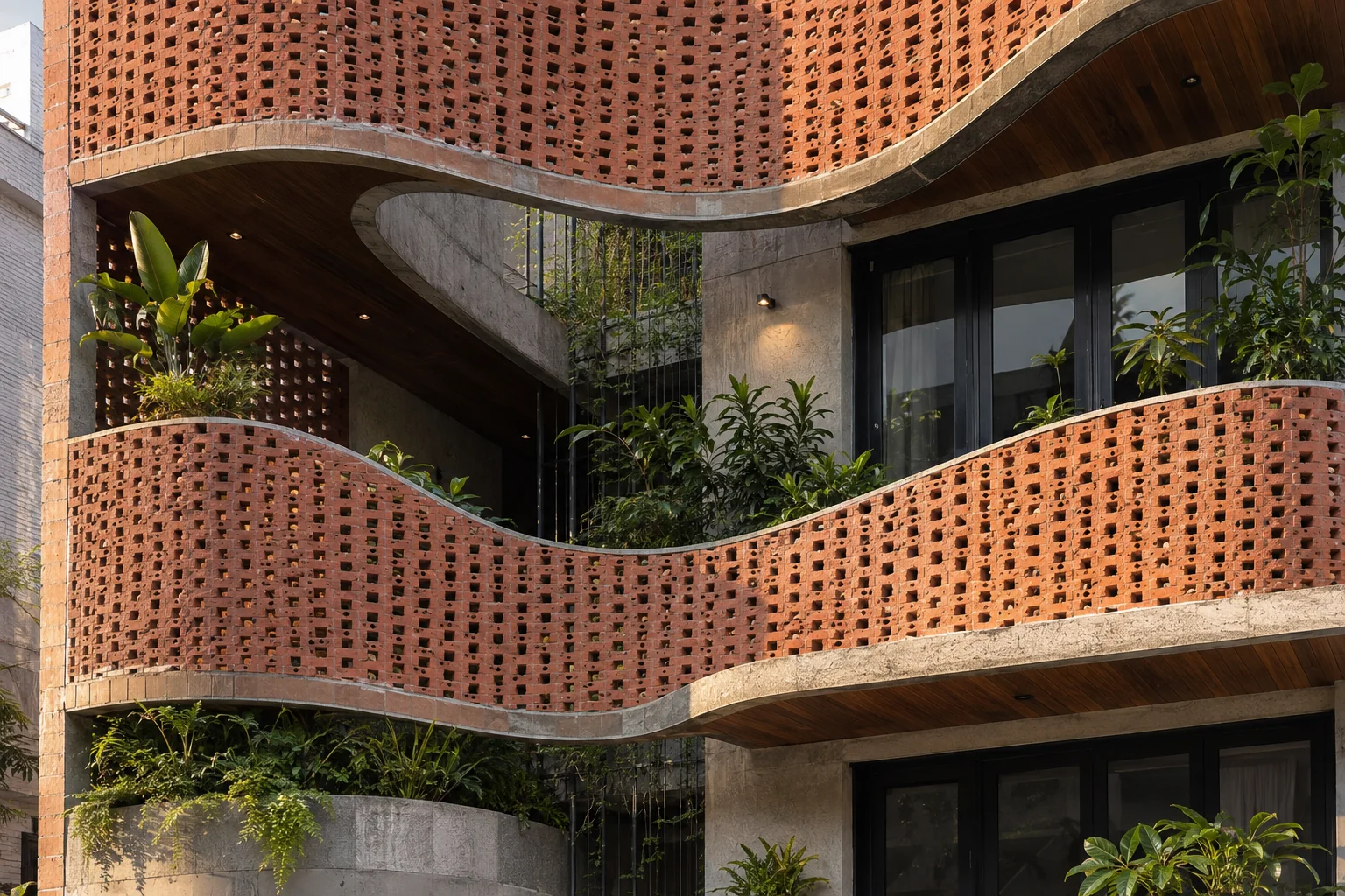 Nhà Phố Dải Lụa 390 — Chi tiết màn terracotta và bê tông — Home6D