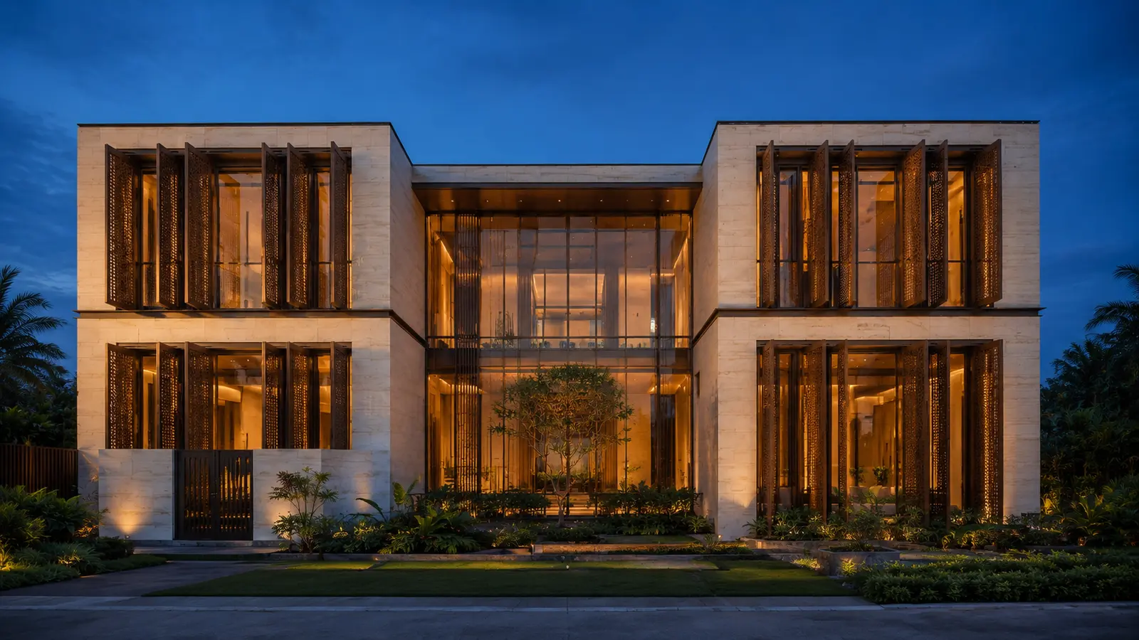 Bronze Screen Villa 840 — Mặt đứng chính lúc chạng vạng — Home6D