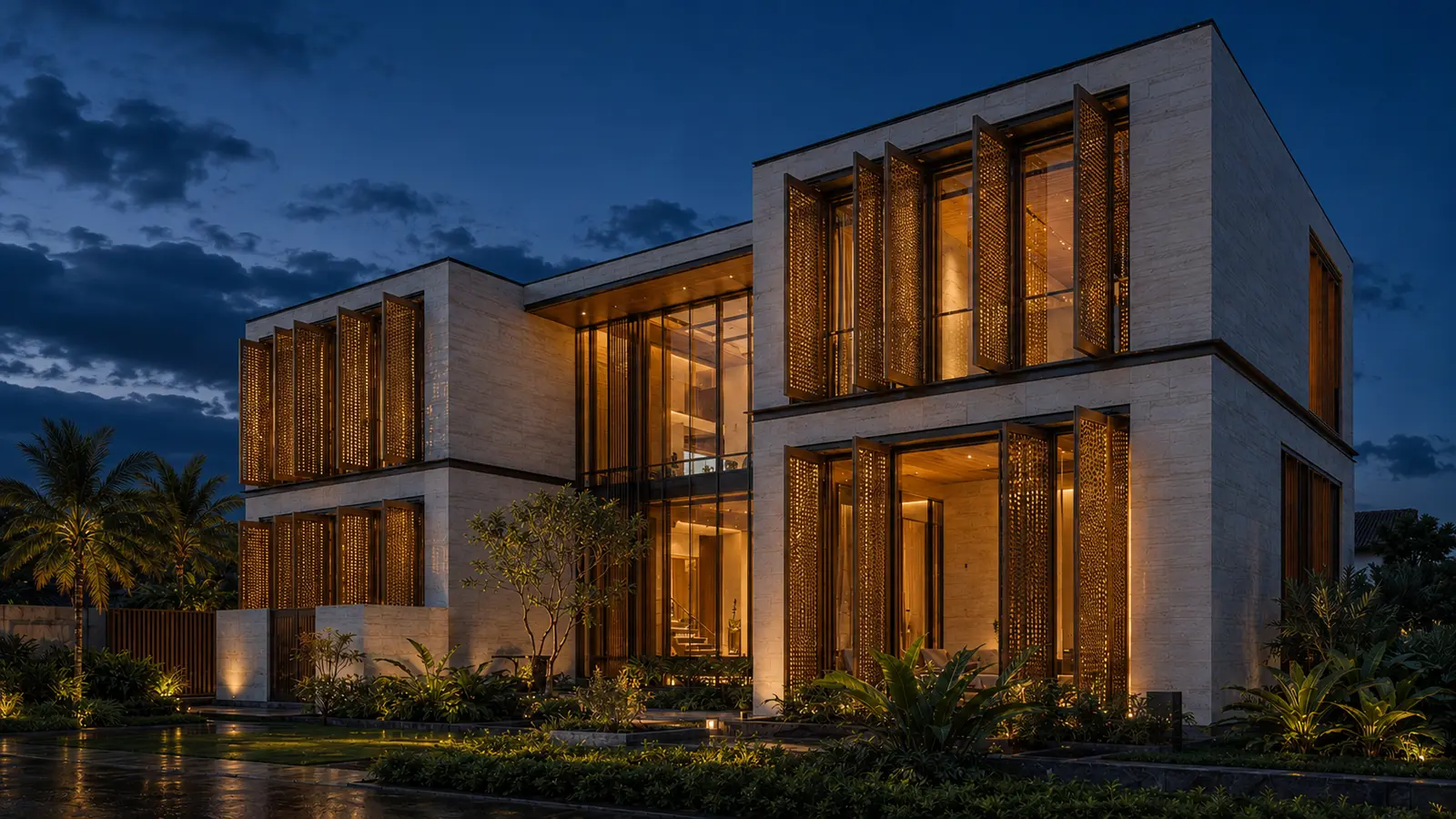Bronze Screen Villa 840 — Toàn cảnh công trình ban đêm — Home6D