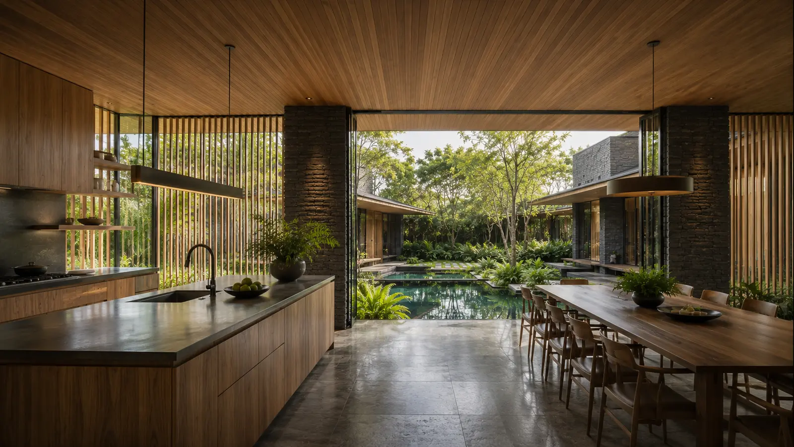 Canopy Garden House 520 — Bếp và bàn ăn bên sân nước — Home6D
