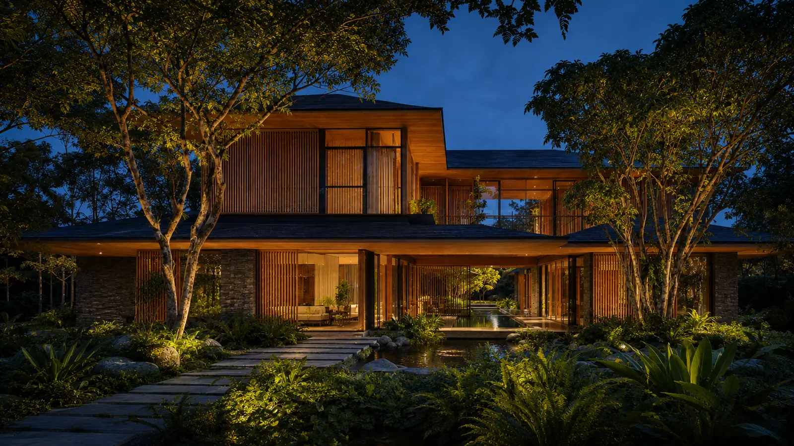 Canopy Garden House 520 — Mặt vườn lúc chạng vạng — Home6D