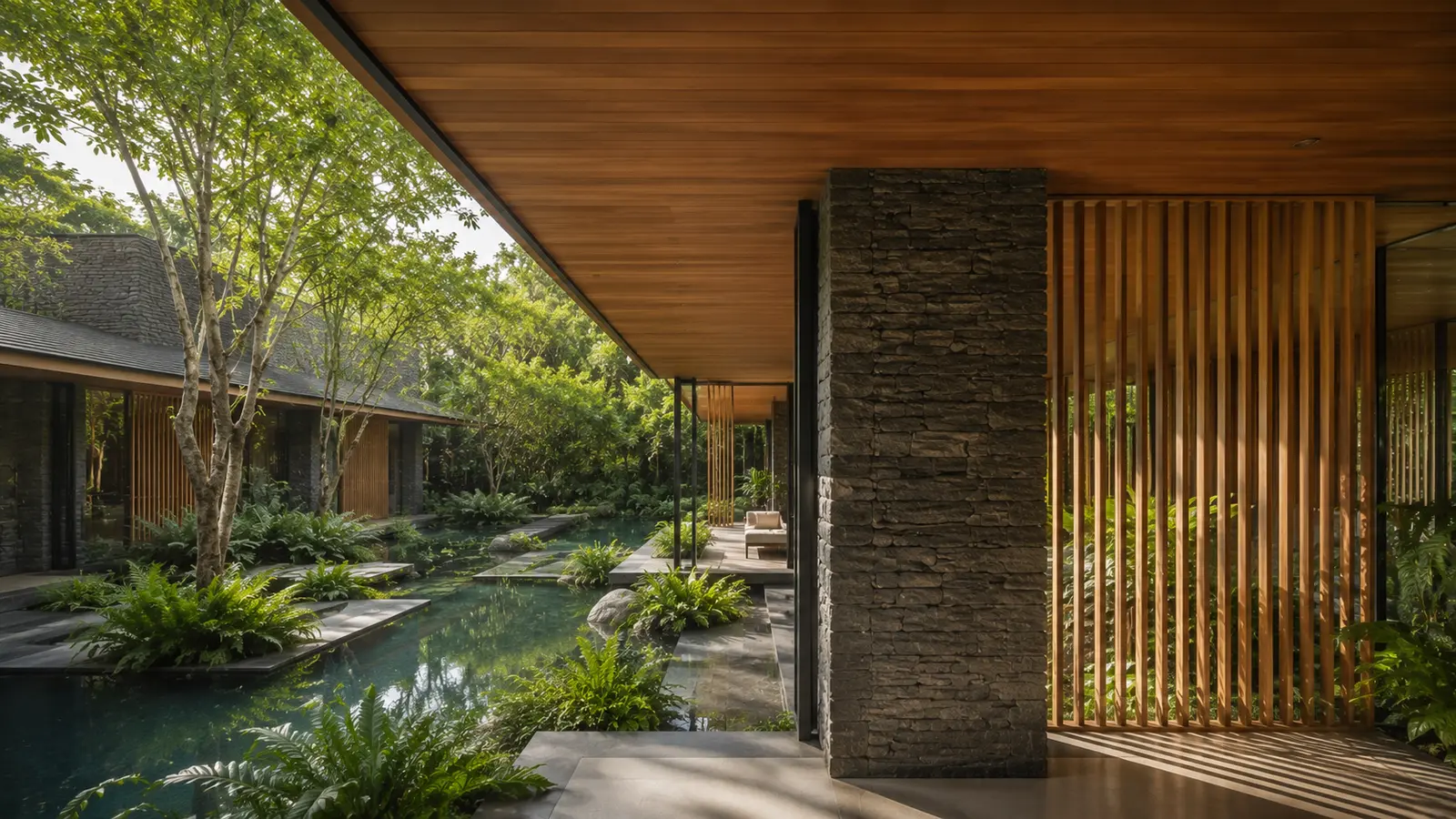 Canopy Garden House 520 — Chi tiết mái, đá và lam gỗ — Home6D