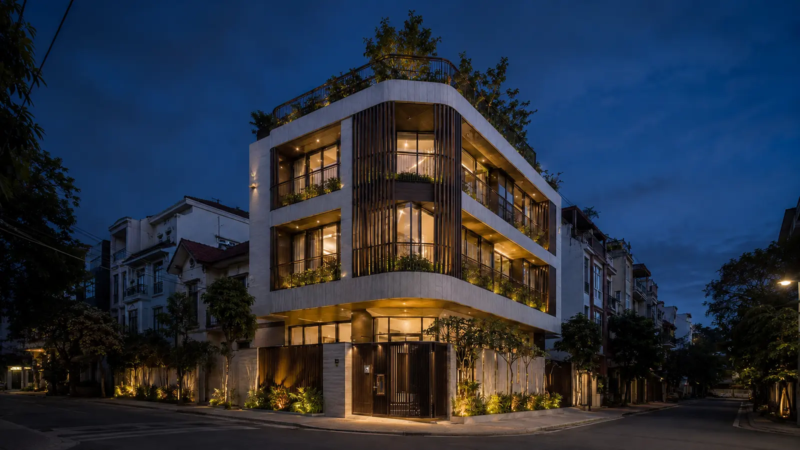 Nhà Phố Hai Mặt Tiền 420 — Toàn cảnh công trình ban đêm — Home6D