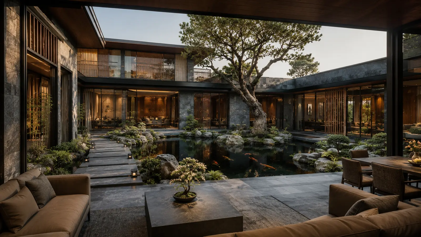 Biệt thự Sân Cá Koi 680 — Góc nhìn từ hiên phòng khách — Home6D
