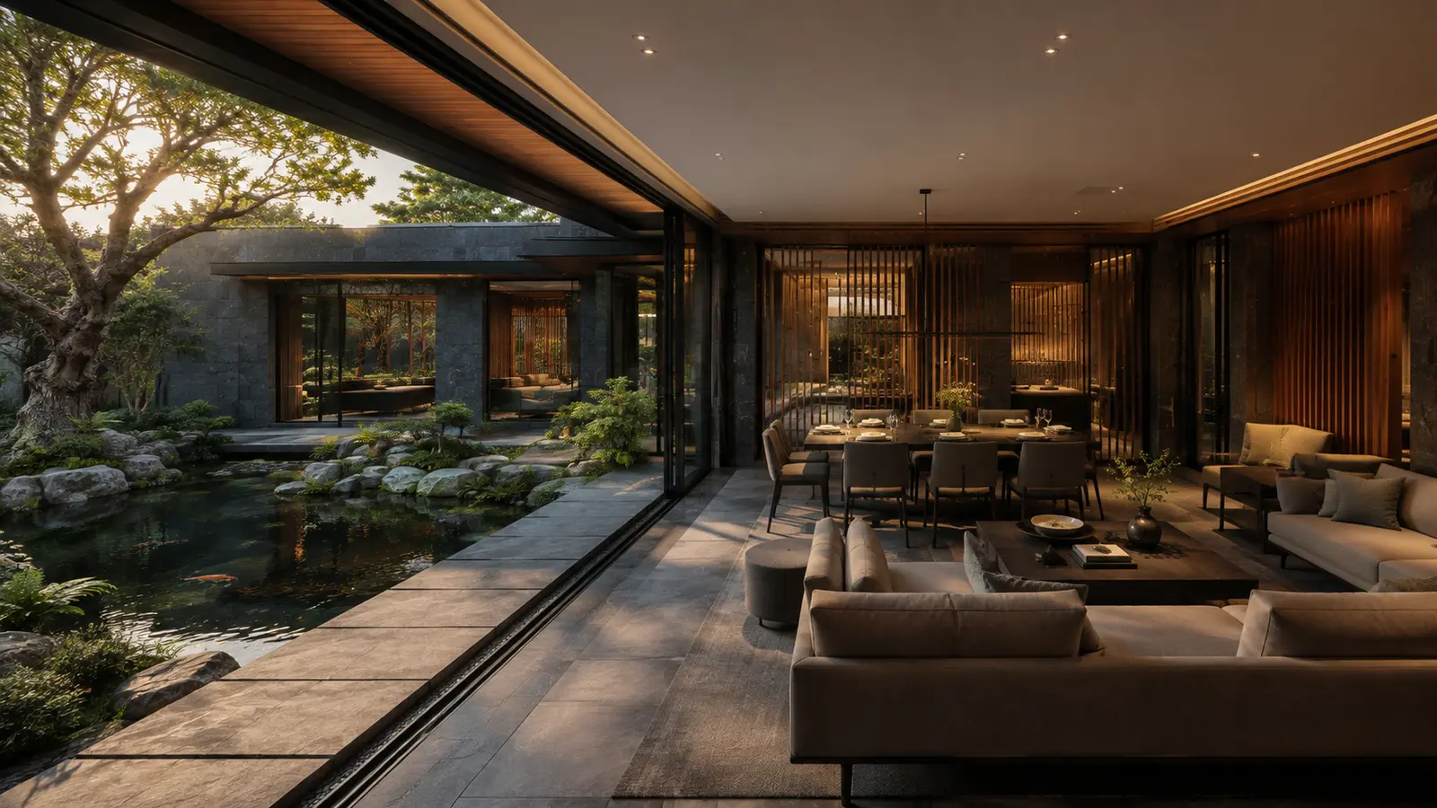 Biệt thự Sân Cá Koi 680 — Không gian khách và ăn bên hồ — Home6D