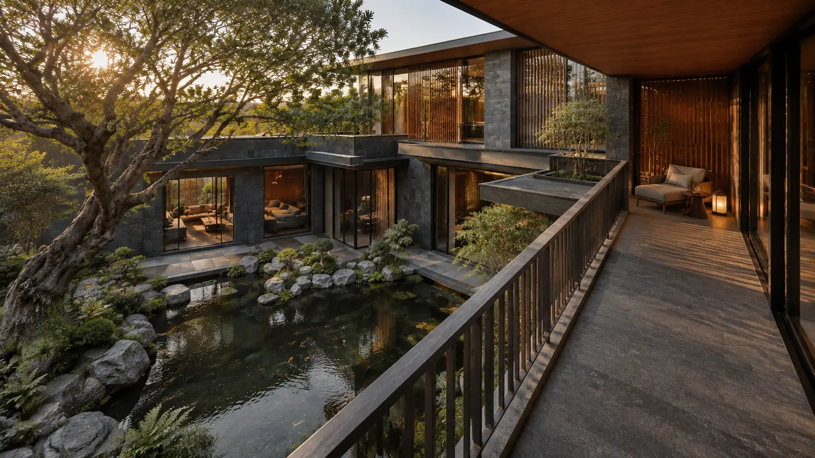 Biệt thự Sân Cá Koi 680 — Gallery nhìn xuống sân cá koi — Home6D