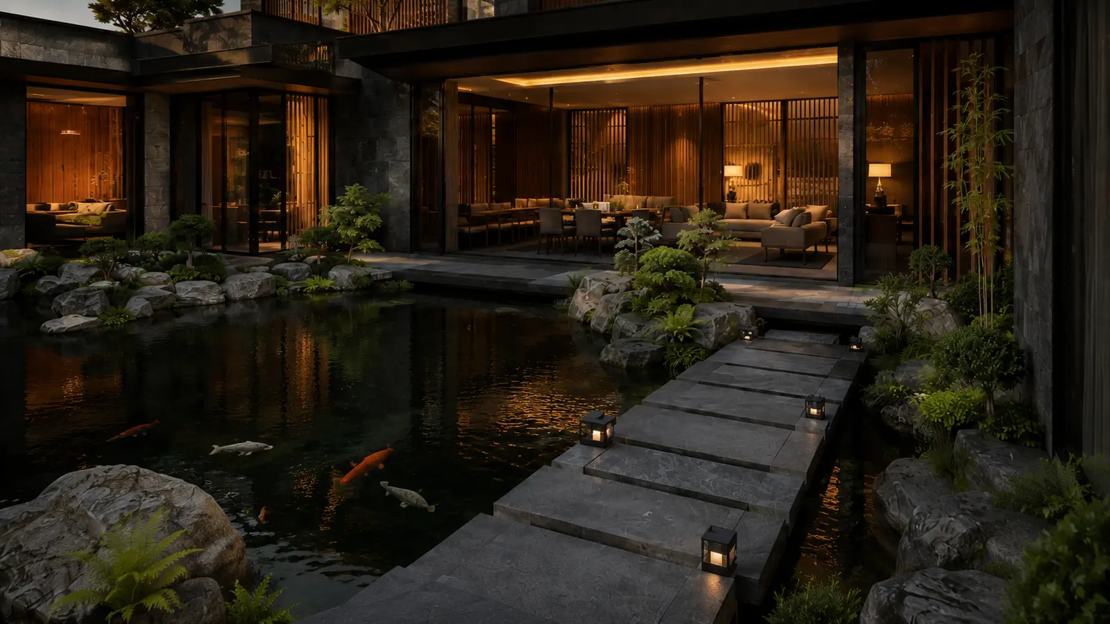 Biệt thự Sân Cá Koi 680 — Cầu đá qua hồ lúc chạng vạng — Home6D