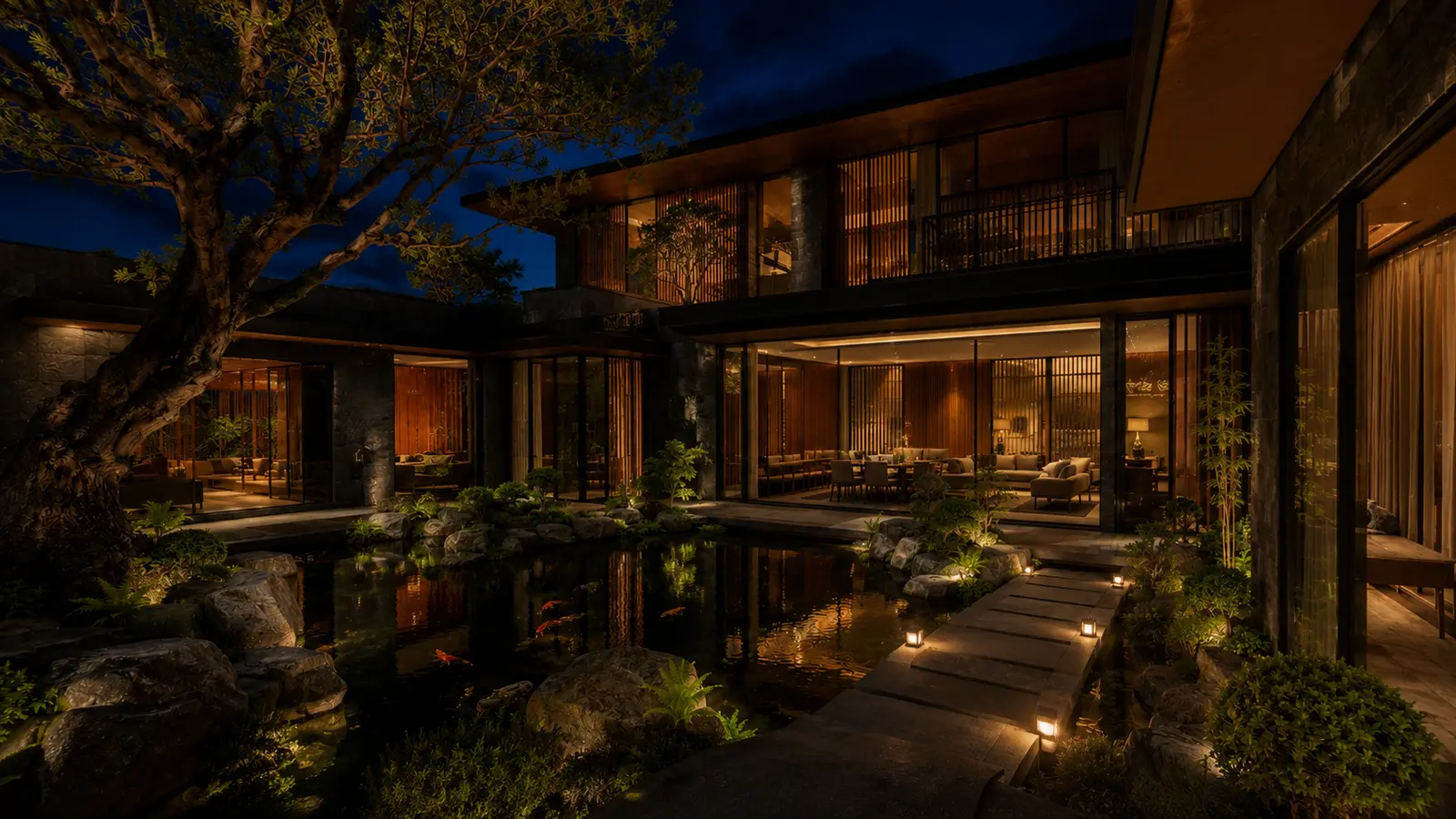Biệt thự Sân Cá Koi 680 — Sân cá koi ban đêm — Home6D