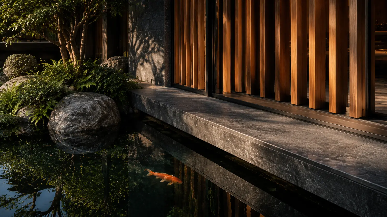 Biệt thự Sân Cá Koi 680 — Chi tiết đá, lam gỗ và mặt nước — Home6D