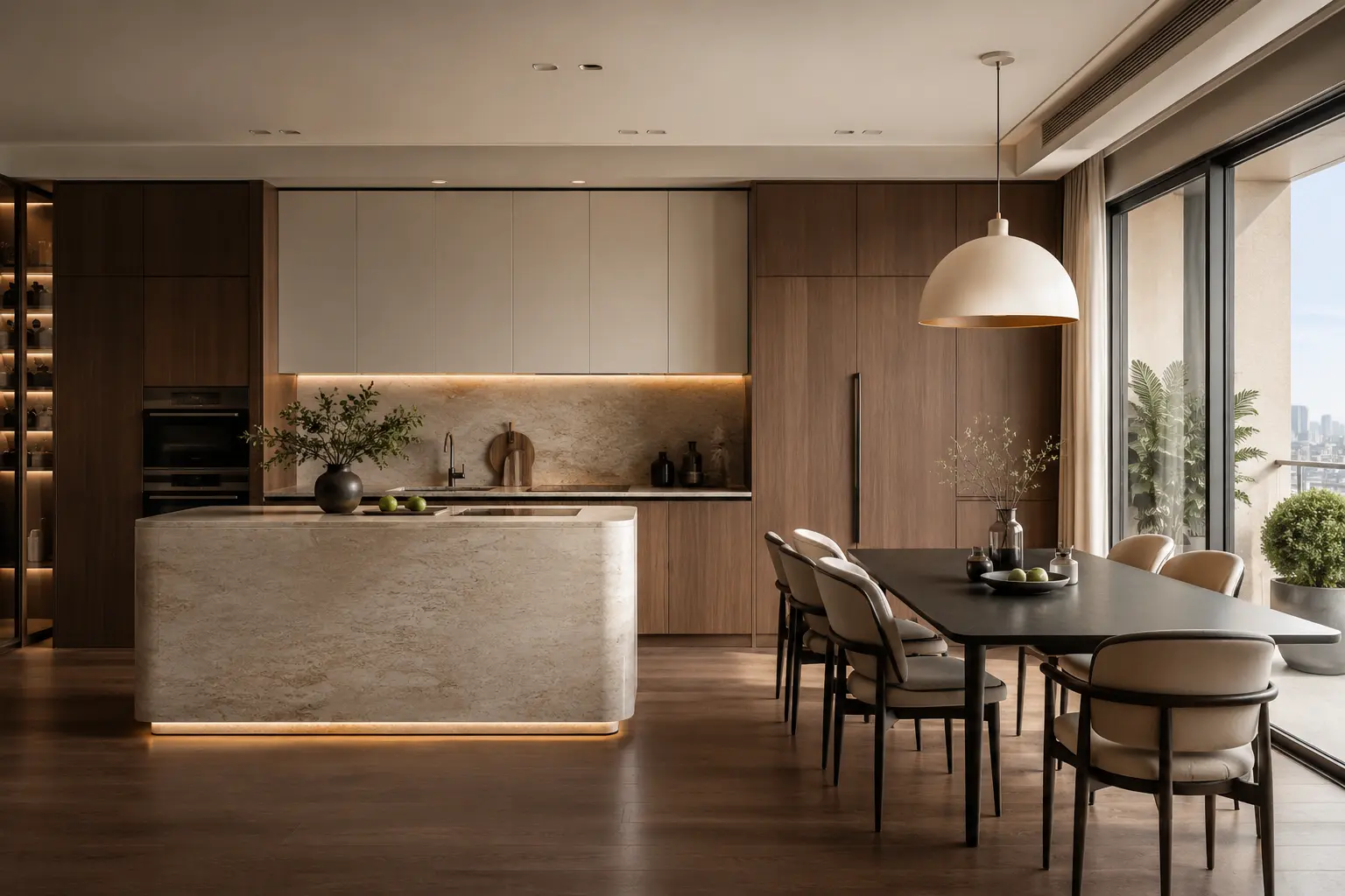 Thiết kế bếp và phòng ăn căn hộ chung cư cao cấp với hệ tủ tối ưu lưu trữ