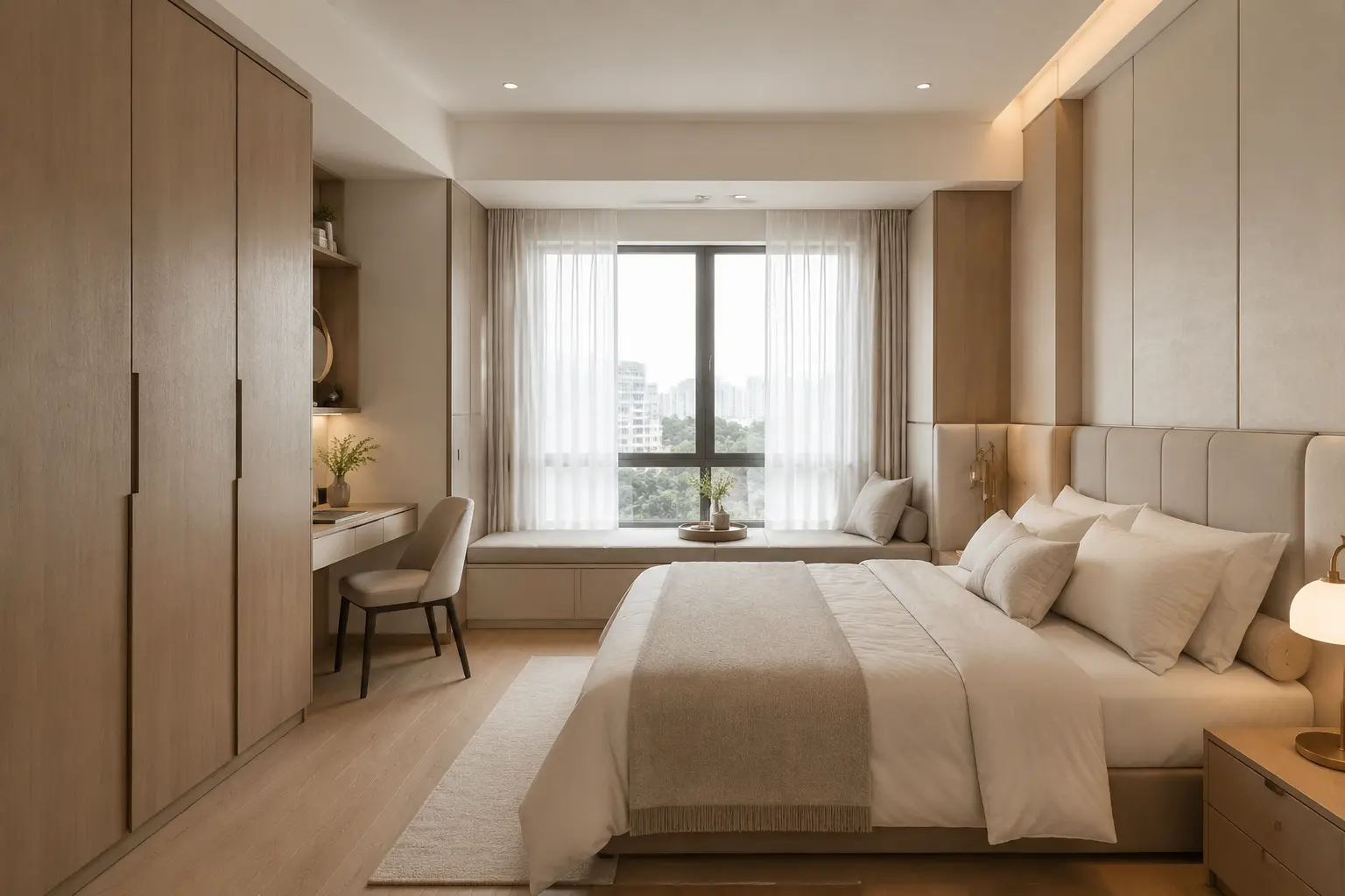 Phòng ngủ căn hộ chung cư hiện đại với tủ âm và góc làm việc nhỏ