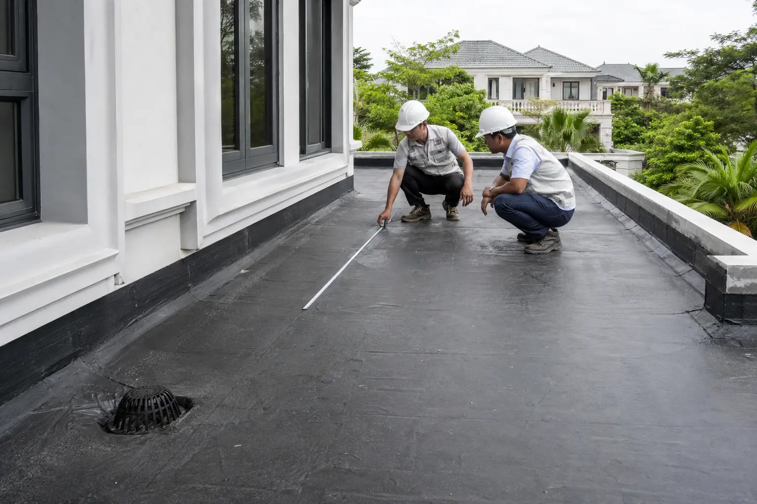 Kỹ sư giám sát kiểm tra chống thấm và độ dốc thoát nước mái biệt thự