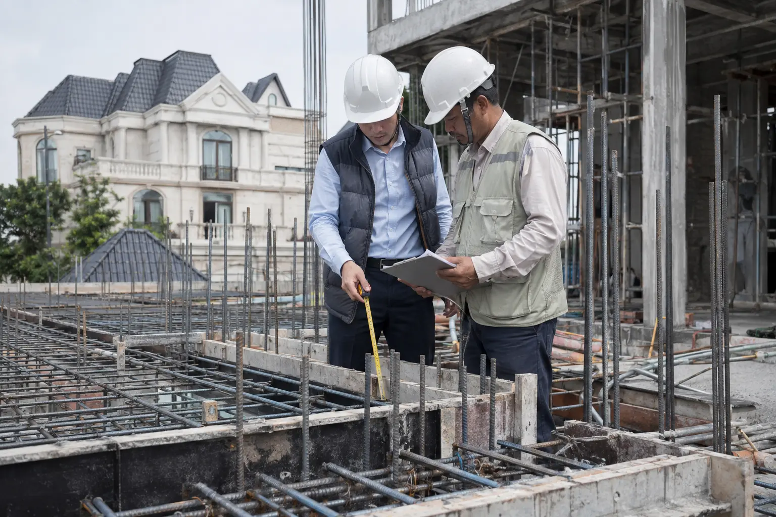 Kỹ sư giám sát kiểm tra cốt thép và kích thước kết cấu trước khi đổ bê tông
