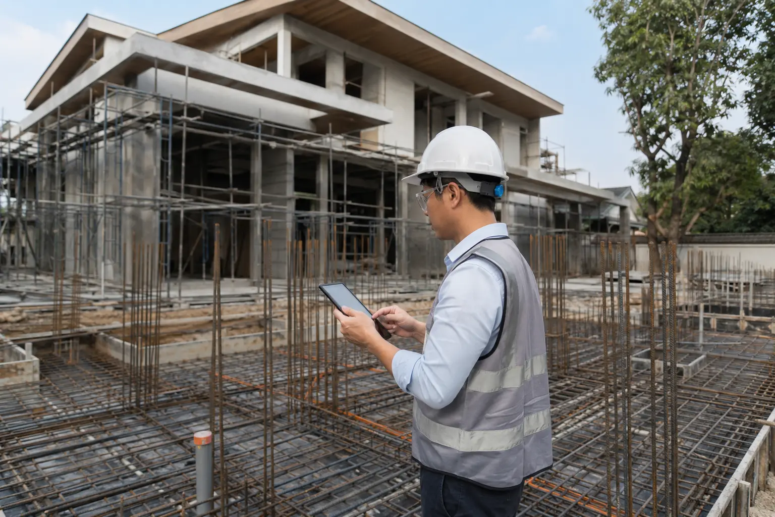 Kỹ sư tư vấn giám sát kiểm tra công trường biệt thự hiện đại