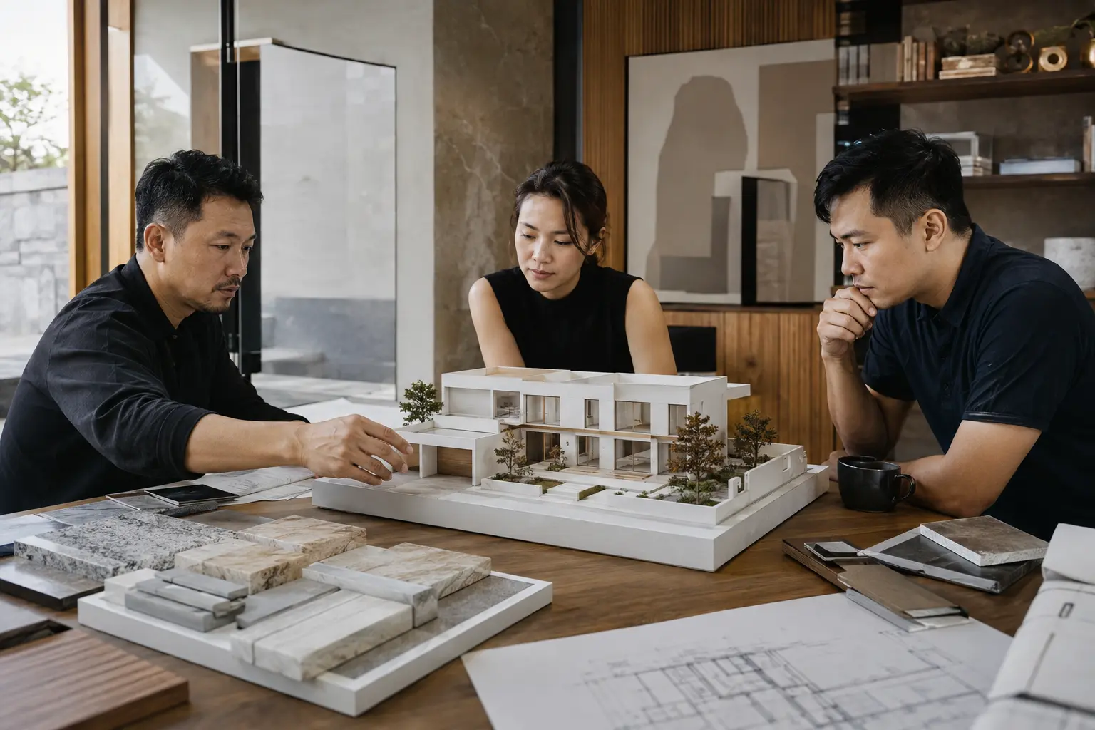 Kiến trúc sư Home6D trao đổi phương án thiết kế biệt thự cùng mô hình và mẫu vật liệu